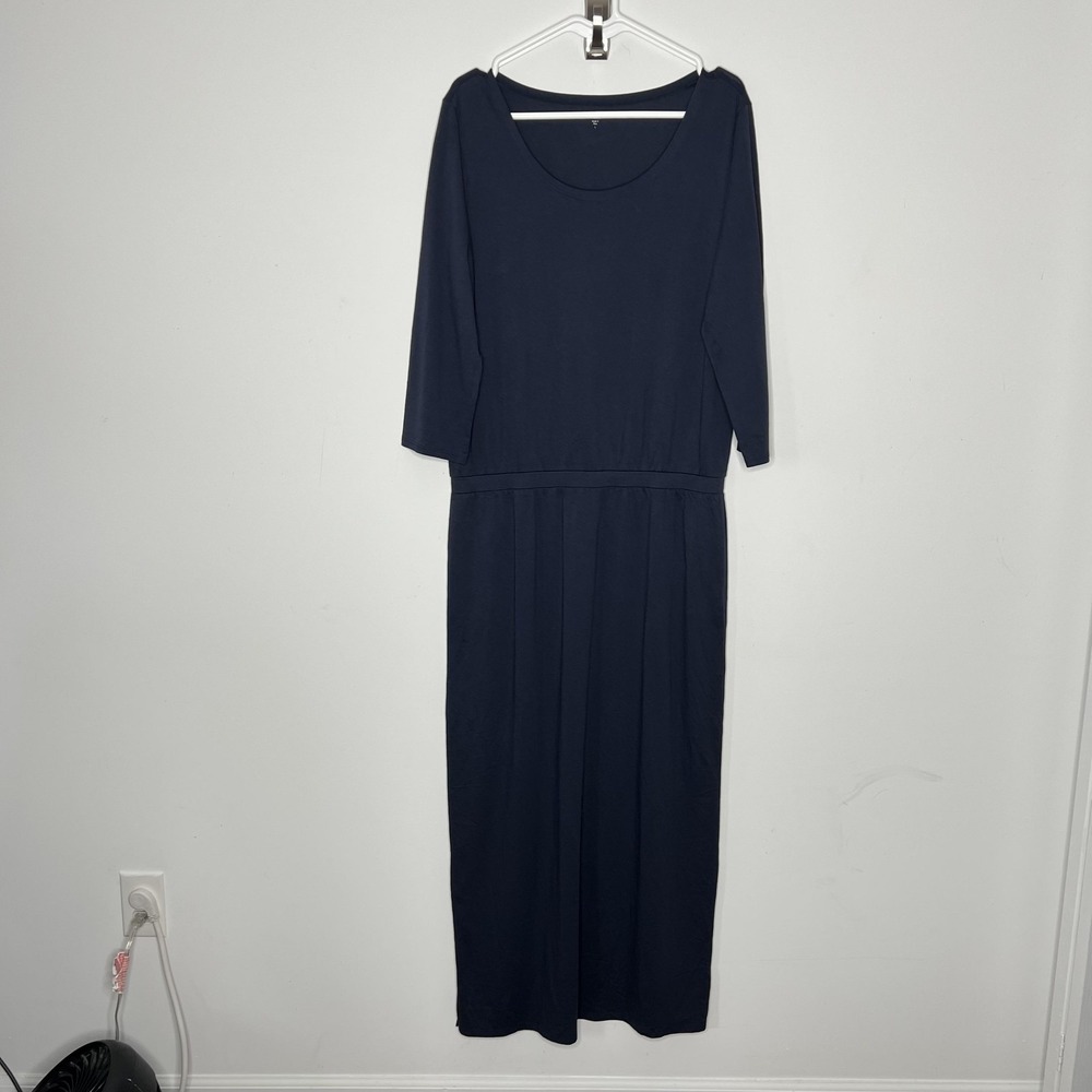 Garnet Hill Dress Womens Large Navy Organic Pima Cotton Jersey Maxi 3/4 Sleeve